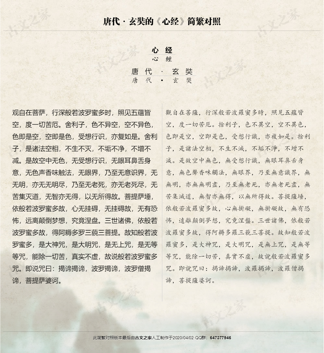 《心经》繁体版全文-玄奘