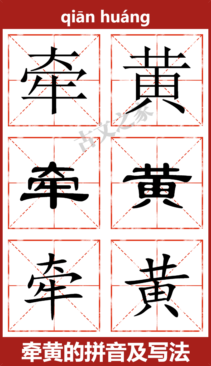 牵黄的拼音及文字书写效果