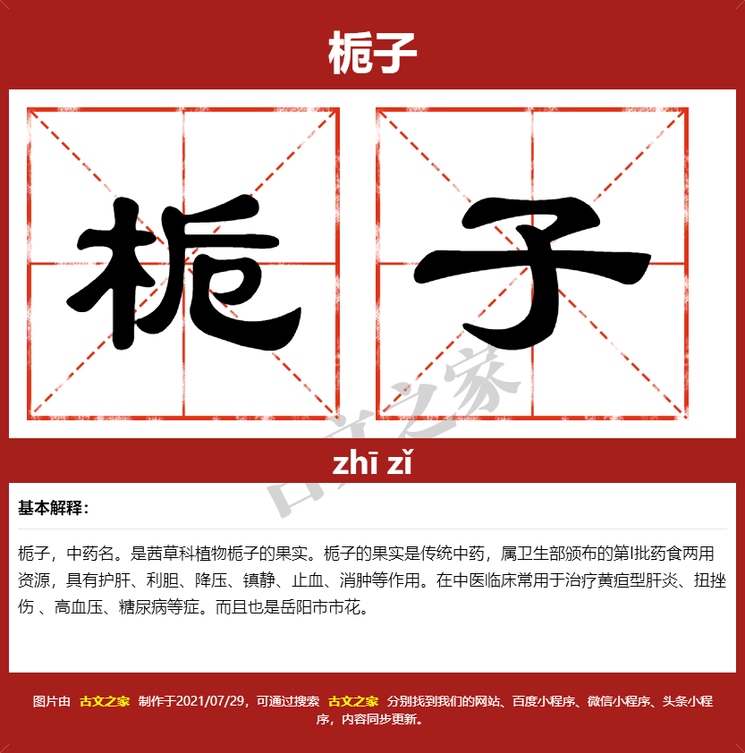 栀子的拼音及文字书写效果