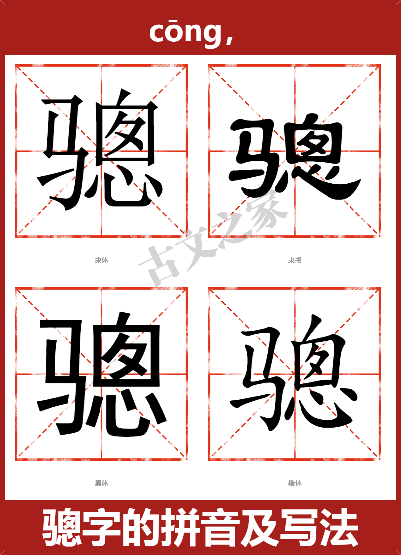 骢字的拼音及宋体，隶书，楷体及黑体的字体样式欣赏