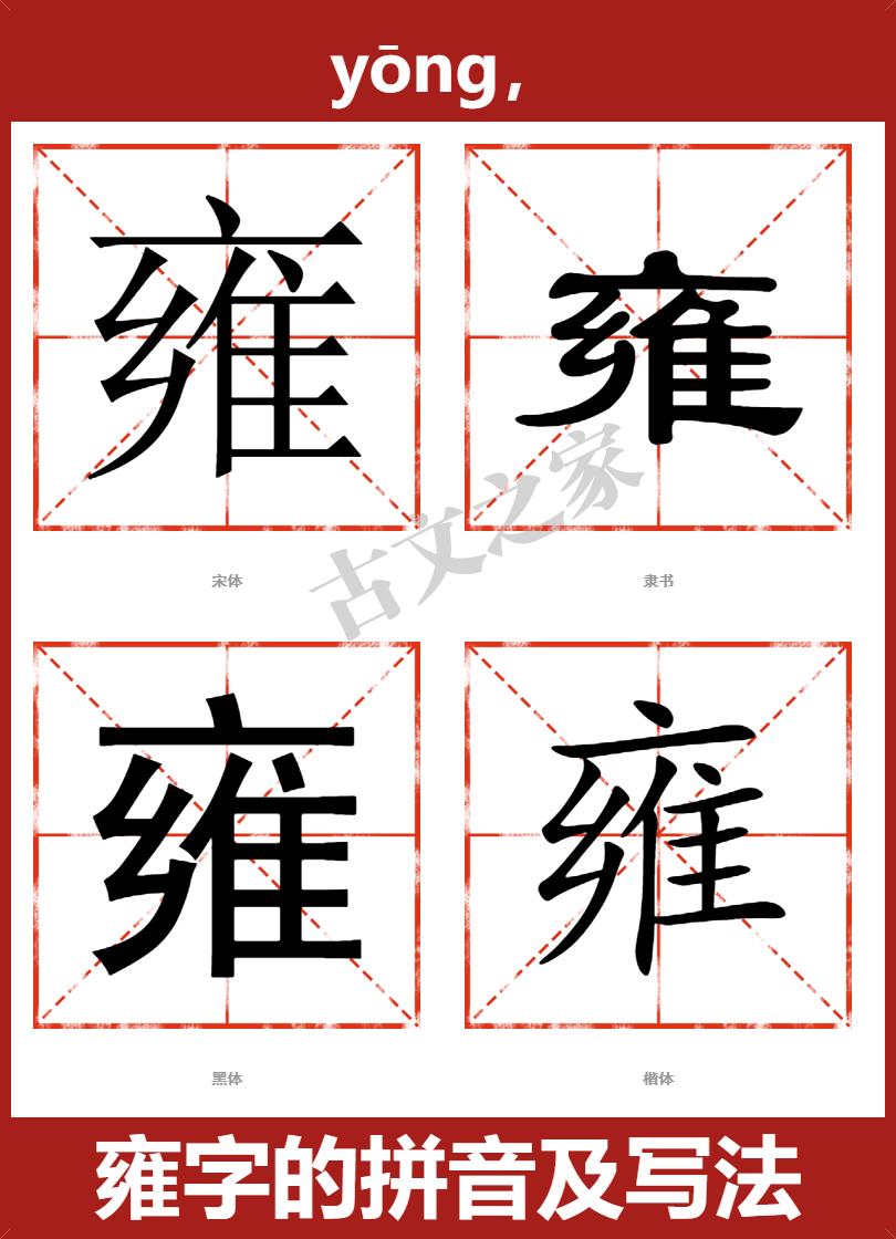 雍字的拼音及宋体，隶书，楷体及黑体的字体样式欣赏