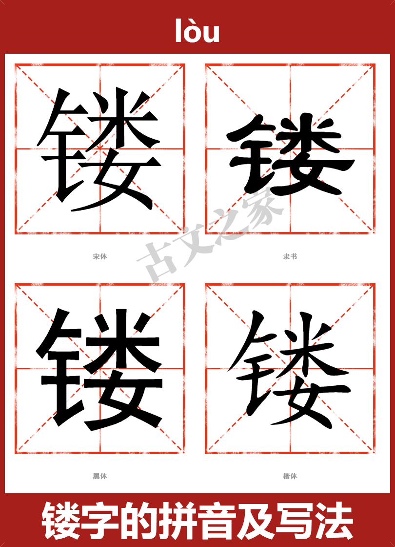 镂字的拼音及宋体，隶书，楷体及黑体的字体样式欣赏