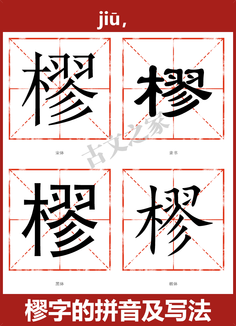 樛字的拼音及宋体，隶书，楷体及黑体的字体样式欣赏