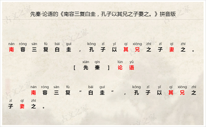 《南容三复白圭，孔子以其兄之子妻之。》拼音版