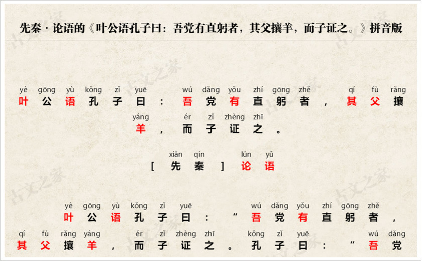 《叶公语孔子曰：吾党有直躬者，其父攘羊，而子证之。》拼音版