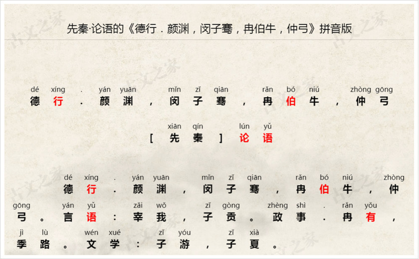 《德行．颜渊，闵子骞，冉伯牛，仲弓》拼音版