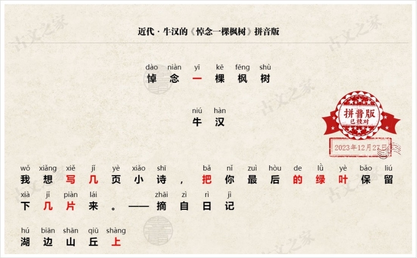 《悼念一棵枫树》拼音版
