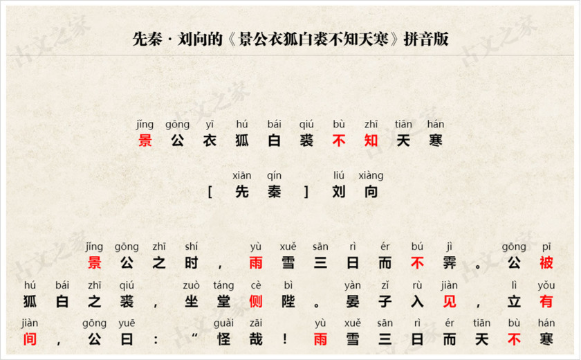 《景公衣狐白裘不知天寒》拼音版