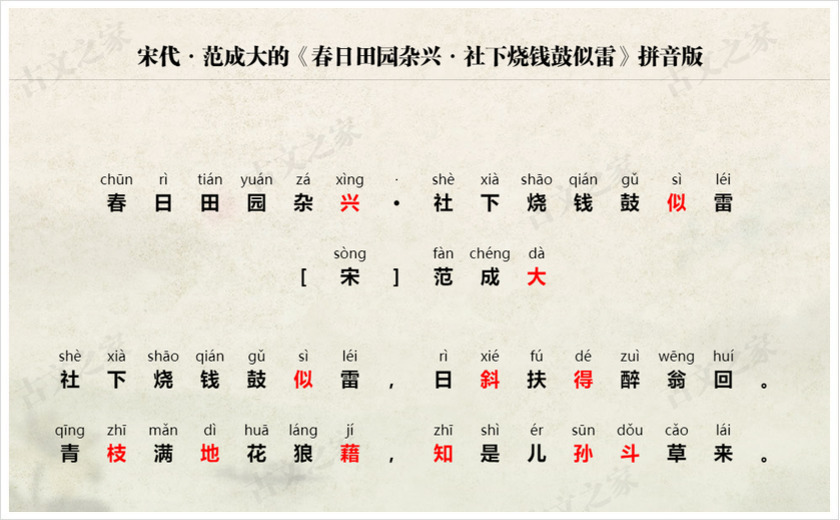 《春日田园杂兴·社下烧钱鼓似雷》拼音版