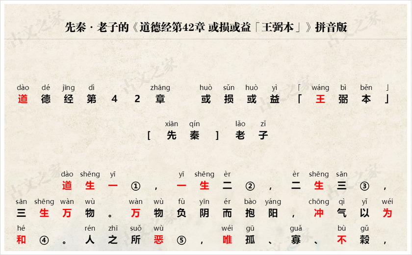 《道德经第42章 「王弼本」》拼音版