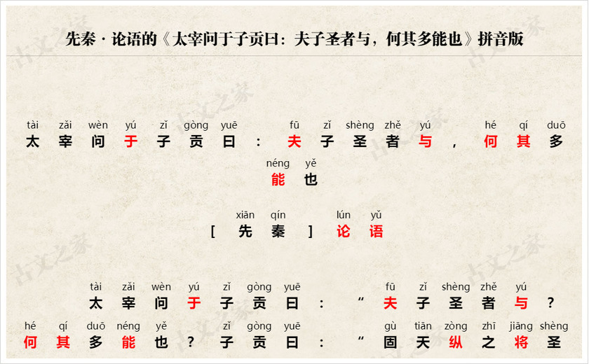 《太宰问于子贡曰：夫子圣者与，何其多能也》拼音版