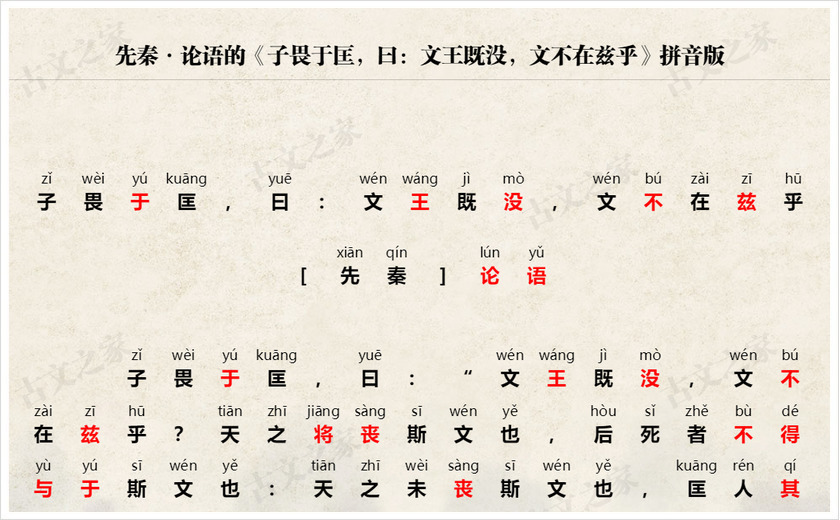 《子畏于匡，曰：文王既没，文不在兹乎》拼音版