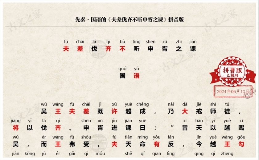 《夫差伐齐不听申胥之谏》拼音版