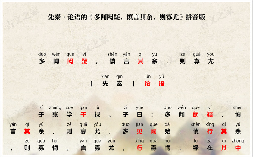 《多闻阙疑，慎言其余，则寡尤》拼音版