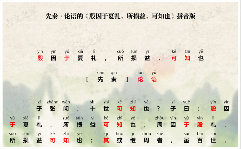 《殷因于夏礼，所损益，可知也》拼音版