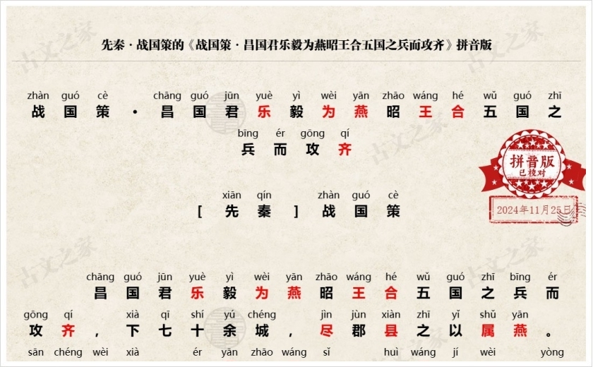 《战国策·昌国君乐毅为燕昭王合五国之兵而攻齐》拼音版