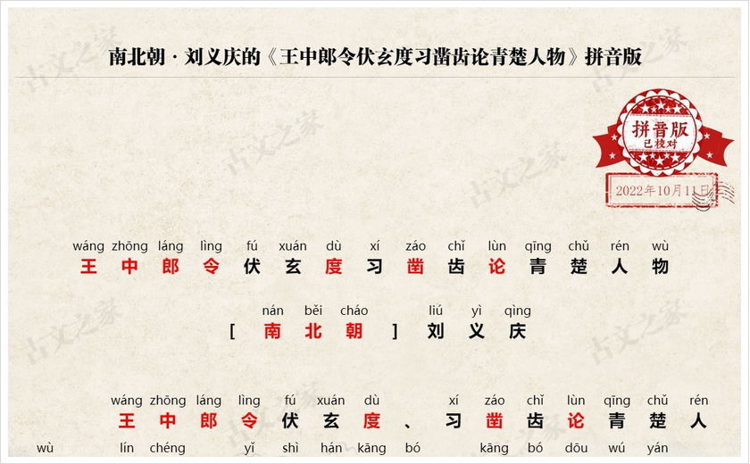 《王中郎令伏玄度习凿齿论青楚人物》拼音版